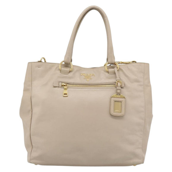 PRADA Hand Bag Leather 2way Beige Gold Auth 186432A