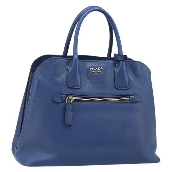 PRADA Hand Bag Safiano Leather Blue Gold Auth 186433A