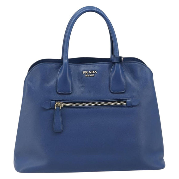 PRADA Hand Bag Safiano Leather Blue Gold Auth 186433A
