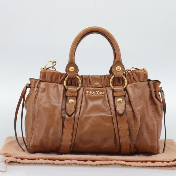 Miu Miu Hand Bag Leather 2way Brown Gold Auth 186443SAM