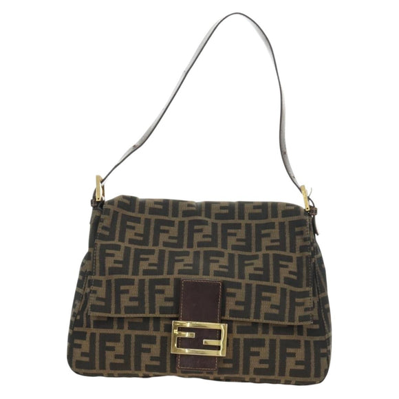 FENDI Zucca Canvas Mamma Baguette Shoulder Bag Black Brown Auth 186461V