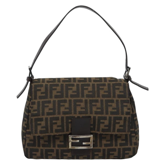 FENDI Zucca Canvas Mamma Baguette Shoulder Bag Black Silver Brown Auth 186462V