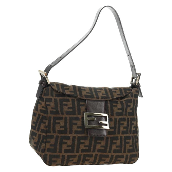 FENDI Zucca Canvas Mamma Baguette Shoulder Bag Black Brown Auth 186463V