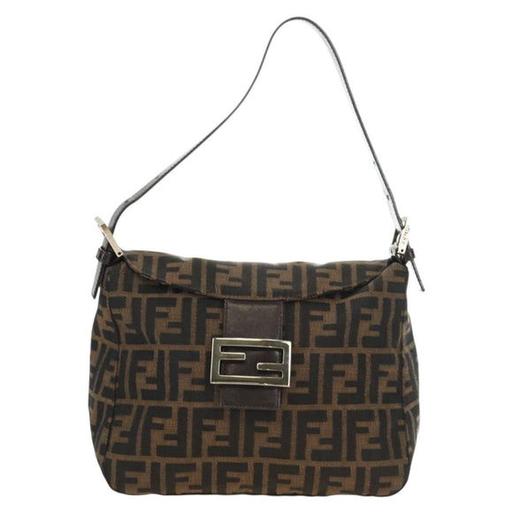 FENDI Zucca Canvas Mamma Baguette Shoulder Bag Black Brown Auth 186463V