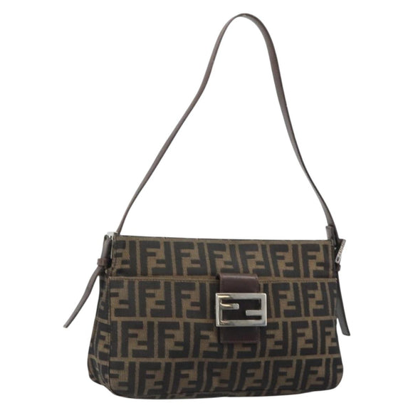 FENDI Zucca Canvas Mamma Baguette Shoulder Bag Black Brown Auth 186464