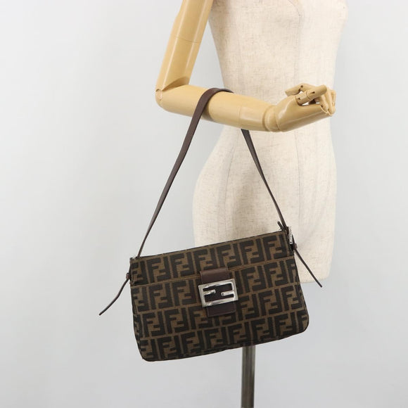 FENDI Zucca Canvas Mamma Baguette Shoulder Bag Black Brown Auth 186464