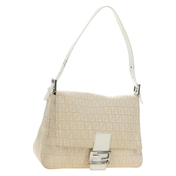 FENDI Zucchino Canvas Mamma Baguette Shoulder Bag White Silver Auth 186466V