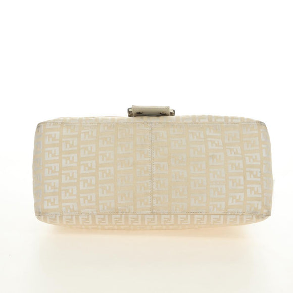 FENDI Zucchino Canvas Mamma Baguette Shoulder Bag White Silver Auth 186466V