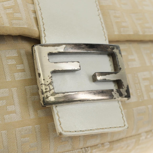 FENDI Zucchino Canvas Mamma Baguette Shoulder Bag White Silver Auth 186466V