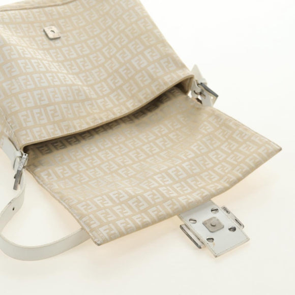 FENDI Zucchino Canvas Mamma Baguette Shoulder Bag White Silver Auth 186466V
