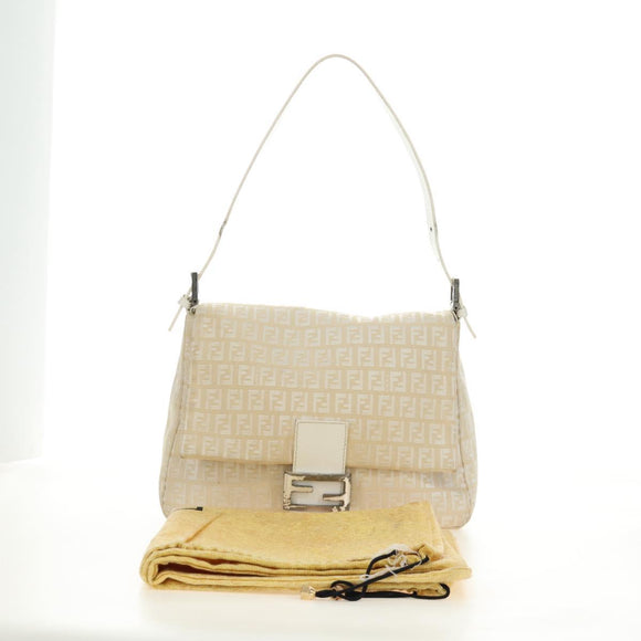 FENDI Zucchino Canvas Mamma Baguette Shoulder Bag White Silver Auth 186466V