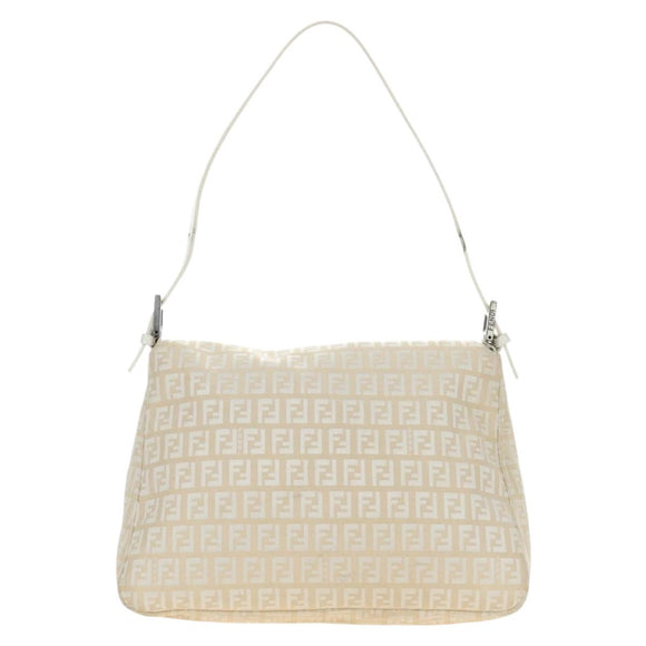 FENDI Zucchino Canvas Mamma Baguette Shoulder Bag White Silver Auth 186466V