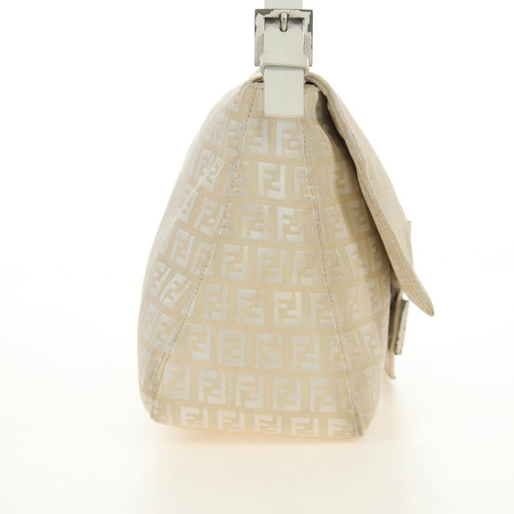 FENDI Zucchino Canvas Mamma Baguette Shoulder Bag White Silver Auth 186466V