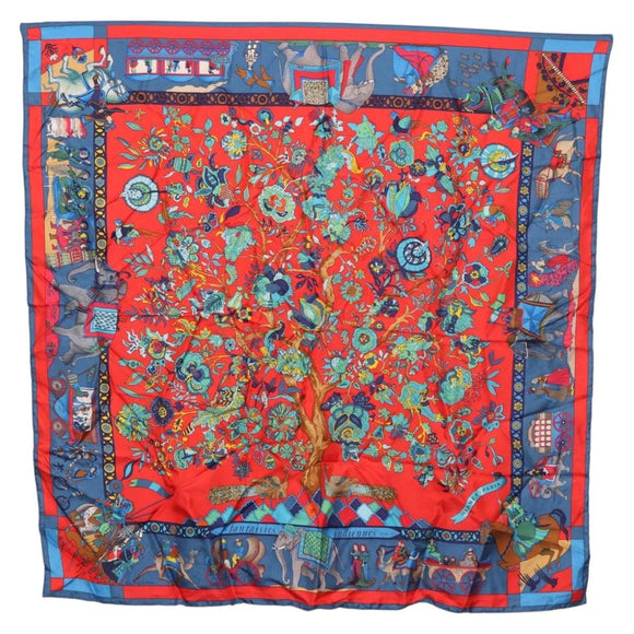 HERMES Carre 90 Scarf ""fantaisies indiennes"" Silk Red Auth 186543