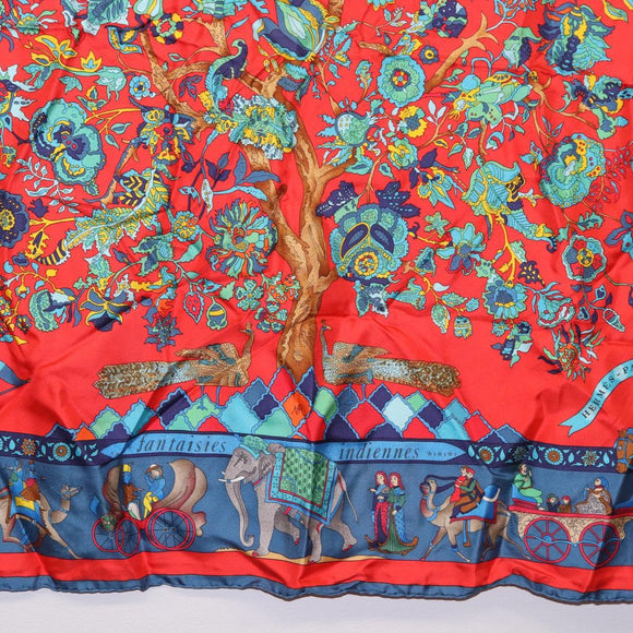 HERMES Carre 90 Scarf ""fantaisies indiennes"" Silk Red Auth 186543