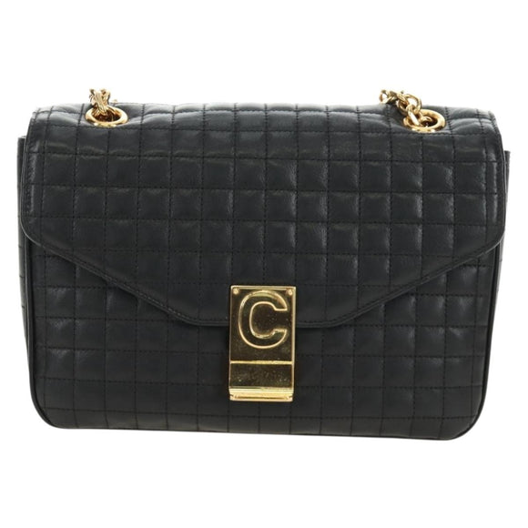 CELINE Chain Shoulder Bag Leather Black Gold Auth 186545SAM