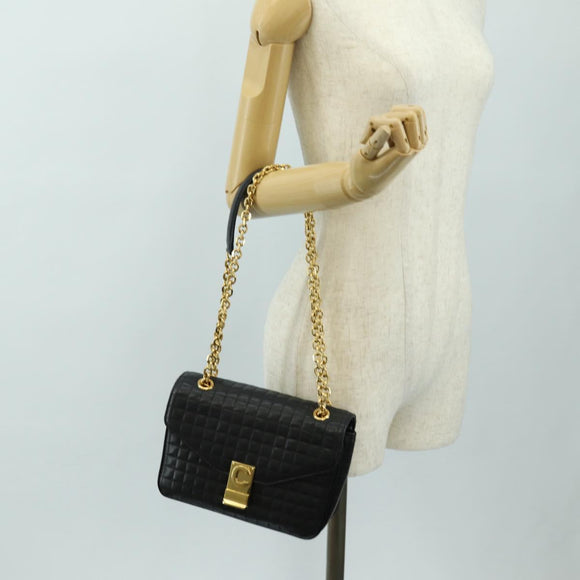 CELINE Chain Shoulder Bag Leather Black Gold Auth 186545SAM