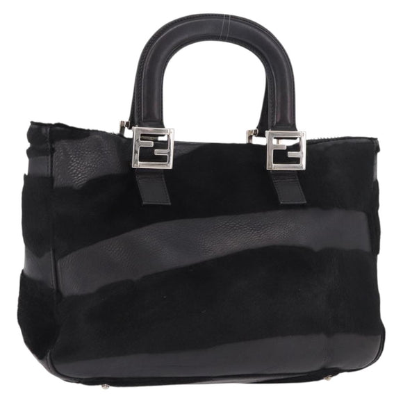 FENDI Hand Bag Harako Leather Black Silver Auth 186561A
