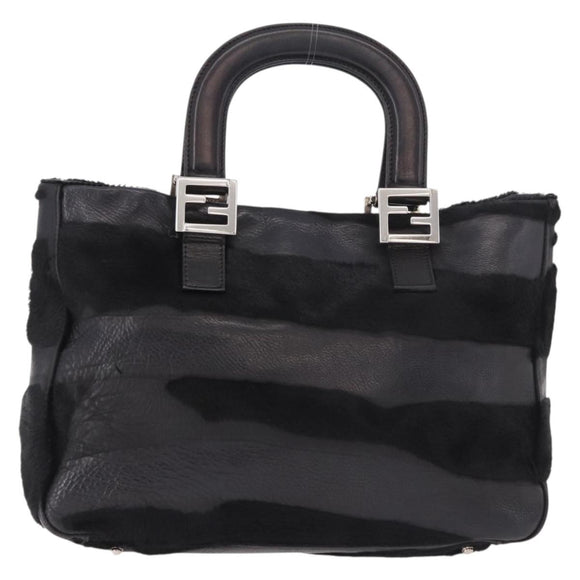 FENDI Hand Bag Harako Leather Black Silver Auth 186561A