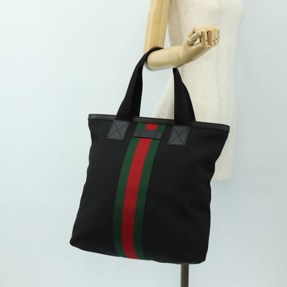 GUCCI Web Sherry Line Tote Bag Canvas Black Silver 631245 Auth 186564V