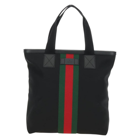 GUCCI Web Sherry Line Tote Bag Canvas Black Silver 631245 Auth 186564V