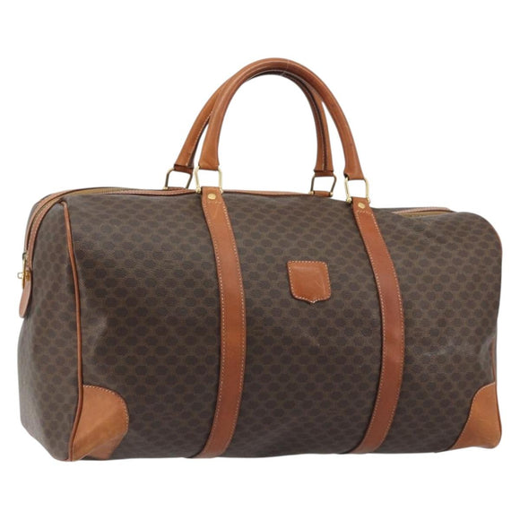 CELINE Macadam Canvas Boston Bag PVC Leather Brown Gold Auth 186569