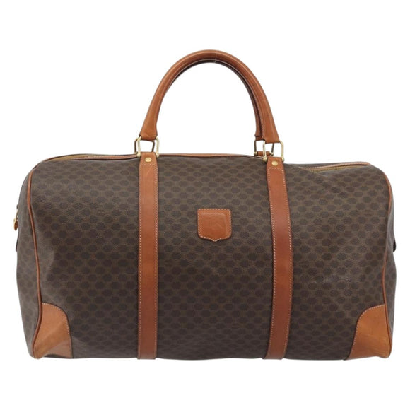 CELINE Macadam Canvas Boston Bag PVC Leather Brown Gold Auth 186569