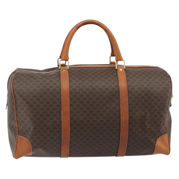 CELINE Macadam Canvas Boston Bag PVC Leather Brown Gold Auth 186569