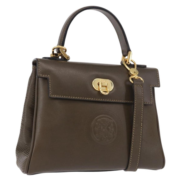 FENDI Hand Bag Leather 2way Khaki Gold Auth 186587A