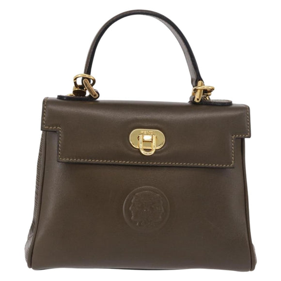 FENDI Hand Bag Leather 2way Khaki Gold Auth 186587A
