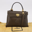 FENDI Hand Bag Leather 2way Khaki Gold Auth 186587A-12