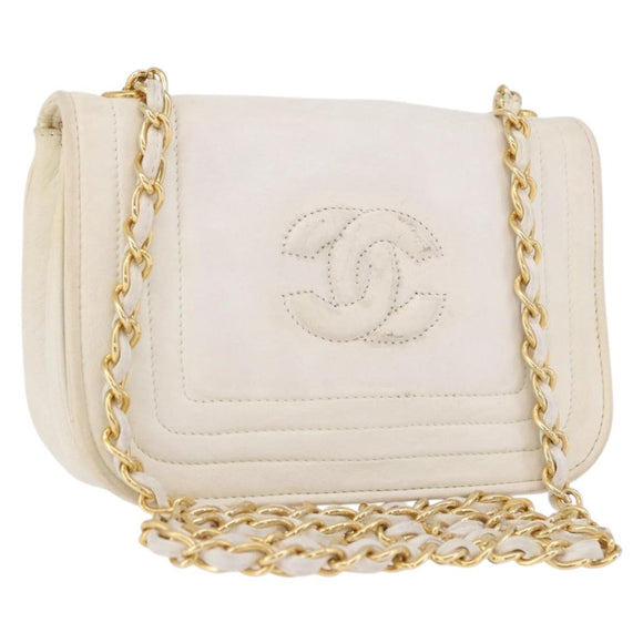 CHANEL Schoudertas met ketting Lamsleer Wit Goudkleurig CC Auth 186589A