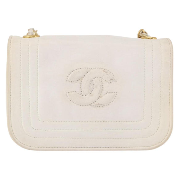 CHANEL Schoudertas met ketting Lamsleer Wit Goudkleurig CC Auth 186589A