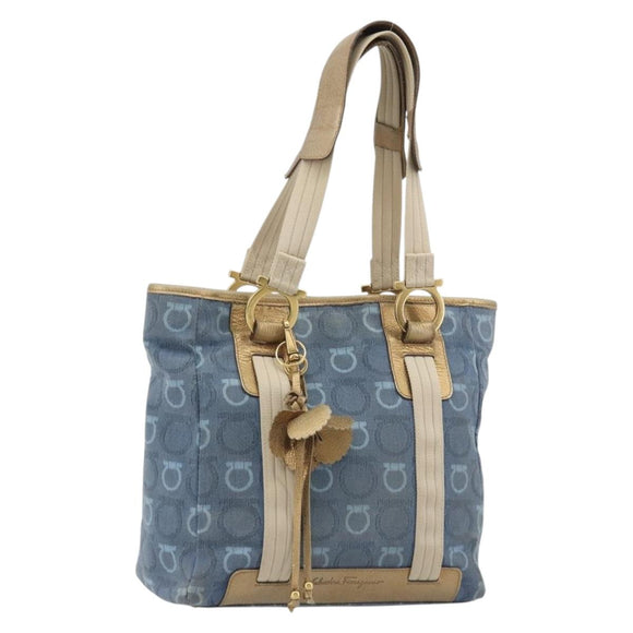 Salvatore Ferragamo Gancini Hand Bag Canvas Blue Gold Auth 186591