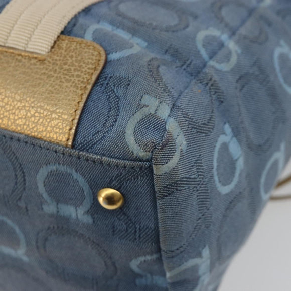 Salvatore Ferragamo Gancini Hand Bag Canvas Blue Gold Auth 186591