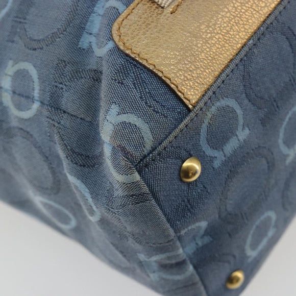 Salvatore Ferragamo Gancini Hand Bag Canvas Blue Gold Auth 186591