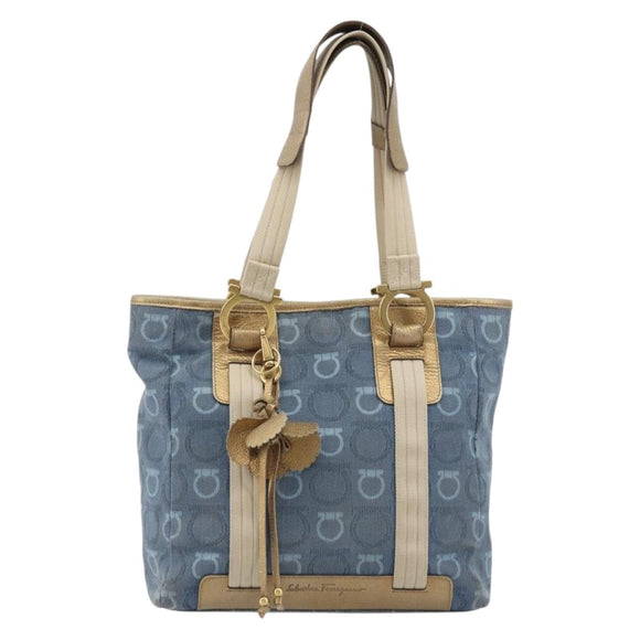 Salvatore Ferragamo Gancini Hand Bag Canvas Blue Gold Auth 186591