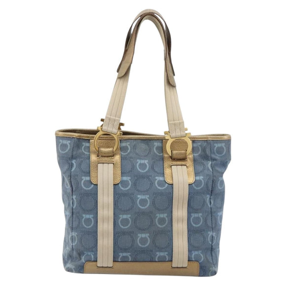 Salvatore Ferragamo Gancini Hand Bag Canvas Blue Gold Auth 186591
