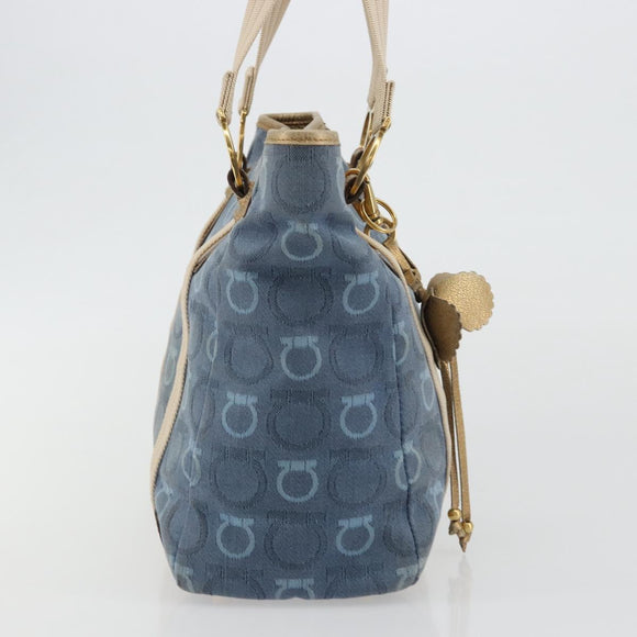 Salvatore Ferragamo Gancini Hand Bag Canvas Blue Gold Auth 186591