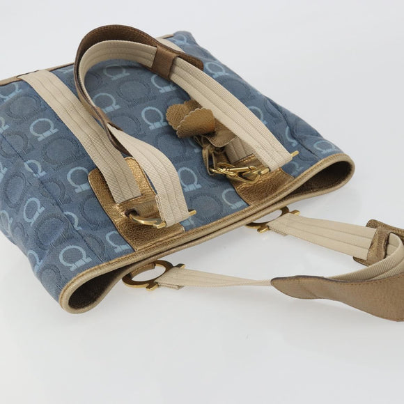 Salvatore Ferragamo Gancini Hand Bag Canvas Blue Gold Auth 186591