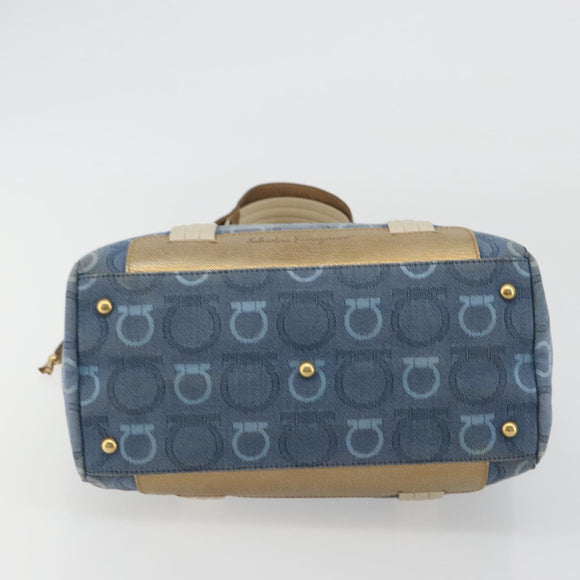 Salvatore Ferragamo Gancini Hand Bag Canvas Blue Gold Auth 186591