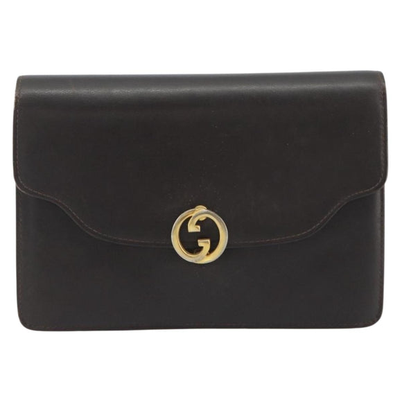 GUCCI Clutch Bag Leather Brown Gold Auth 186593