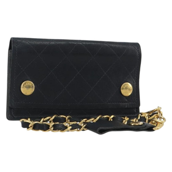 CHANEL Matelasse Chain Wallet Leather Black Gold CC Auth 186602A