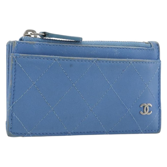 CHANEL Matelasse Coin Purse Leather Light Blue Silver CC Auth 186603