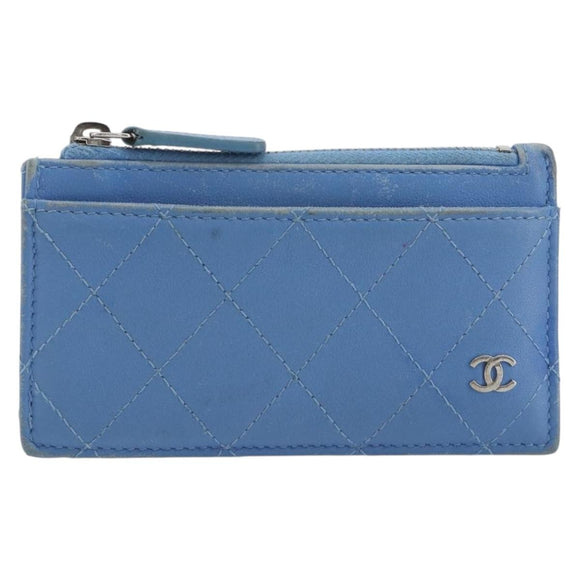 CHANEL Matelasse Coin Purse Leather Light Blue Silver CC Auth 186603