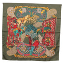 HERMES Carre 90 Scarf ""ART des STEPPES"" Silk Khaki Auth 186609-1