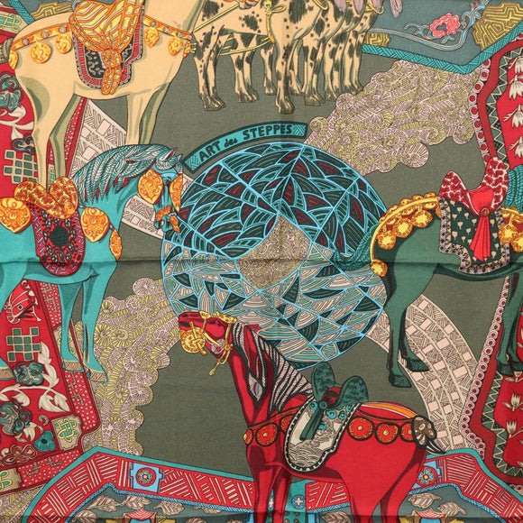 HERMES Carre 90 Scarf ""ART des STEPPES"" Silk Khaki Auth 186609
