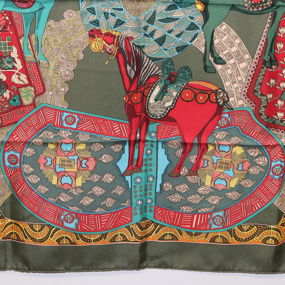 HERMES Carre 90 Scarf ""ART des STEPPES"" Silk Khaki Auth 186609