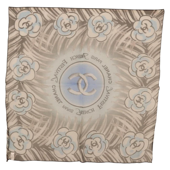 CHANEL Scarf Silk Gray CC Auth 186611A