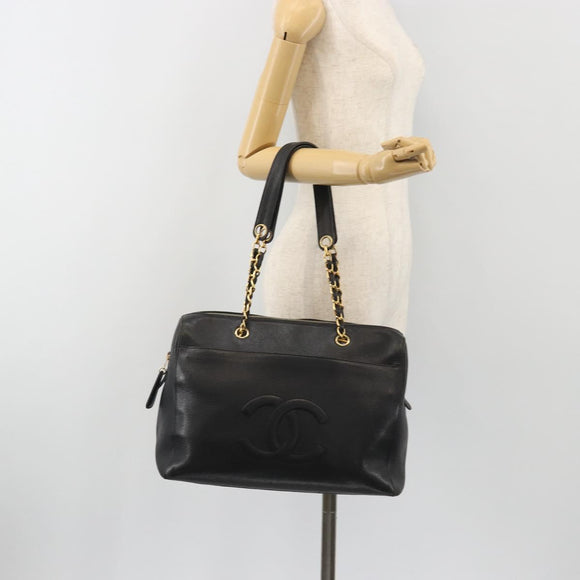 CHANEL Chain Shoulder Bag Caviar Skin Black Gold CC Auth 186613V